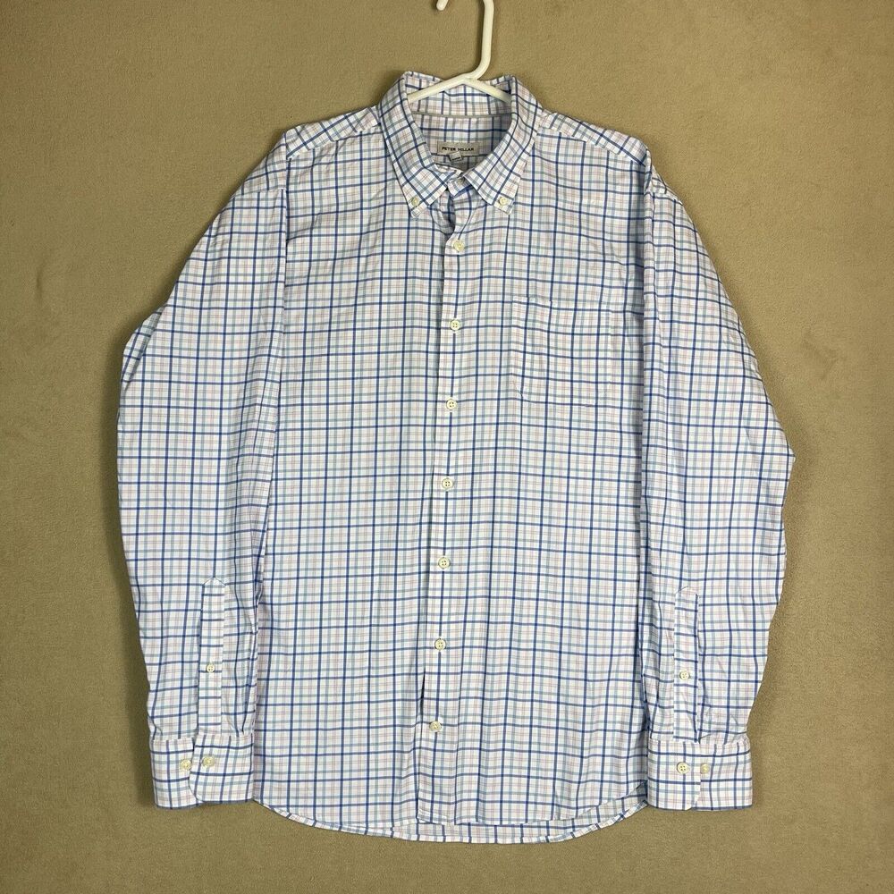 Peter Millar Shirt Mens Extra Large White Blue Plaid Casual Long Sleeve Adult
